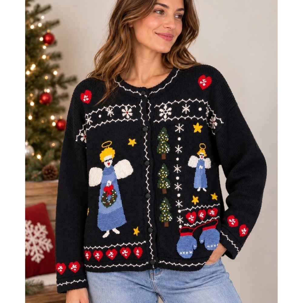 Vintage Christmas Angel Cardigan Women L Black 3D Knit Ramie Rabbit Hair 90s